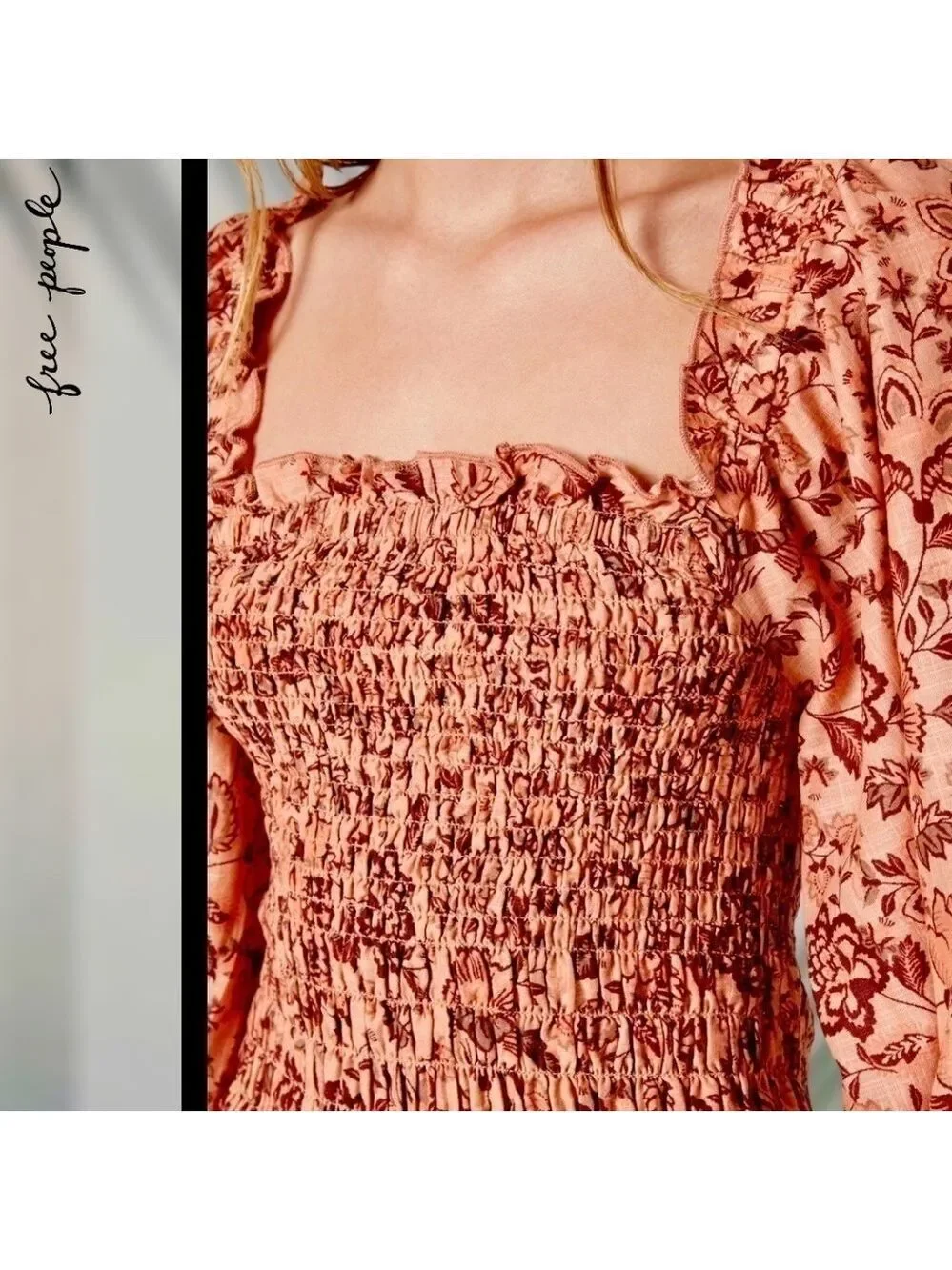 FREE PEOPLE Smock it to Me Puff-Sleeve On/Off Shoulder Smocked MiniDress/Lg NWT